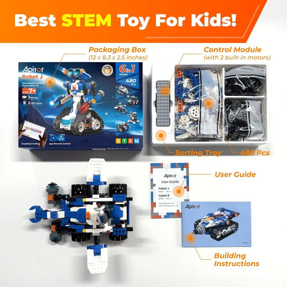 Apitor STEAM Robot Toy 6-in-1 Robot Building Kit for Boys Age 8-12 Remote Control Coding Toys Educational Robotics Gift for Kids